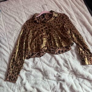 Forever 21 Leopard Print Cropped Blouse with Gold Highlights